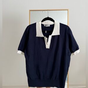 Navy and White Collared Short Sleeve Top